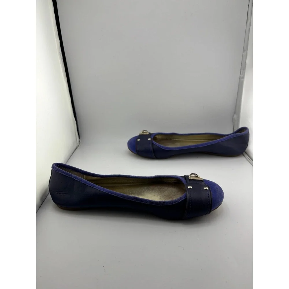 Coach Womens Navy Leather Purple Suede Turnlock Ballet Flats Blue Size 8